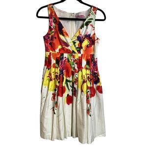 Eliza J Floral Sleeveless Fit & Flare Dress White Floral Pleated V-Neck Size 4